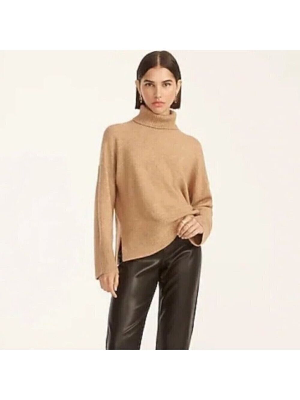 J. Crew Camel Tan Wool Blend Turtle Neck Soft Cropped Sweater Size XXS Oversized